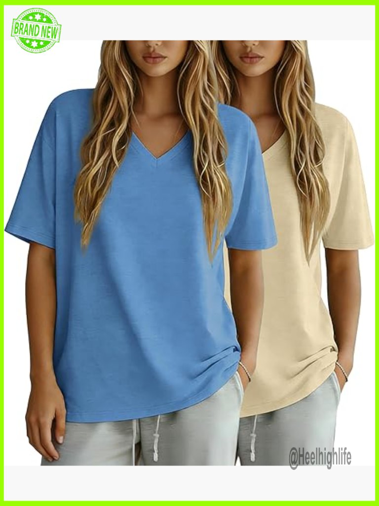Oversized V-Neck T-Shirts 2 Pack Cotton Blend Loose Fit Workout Casual Tops